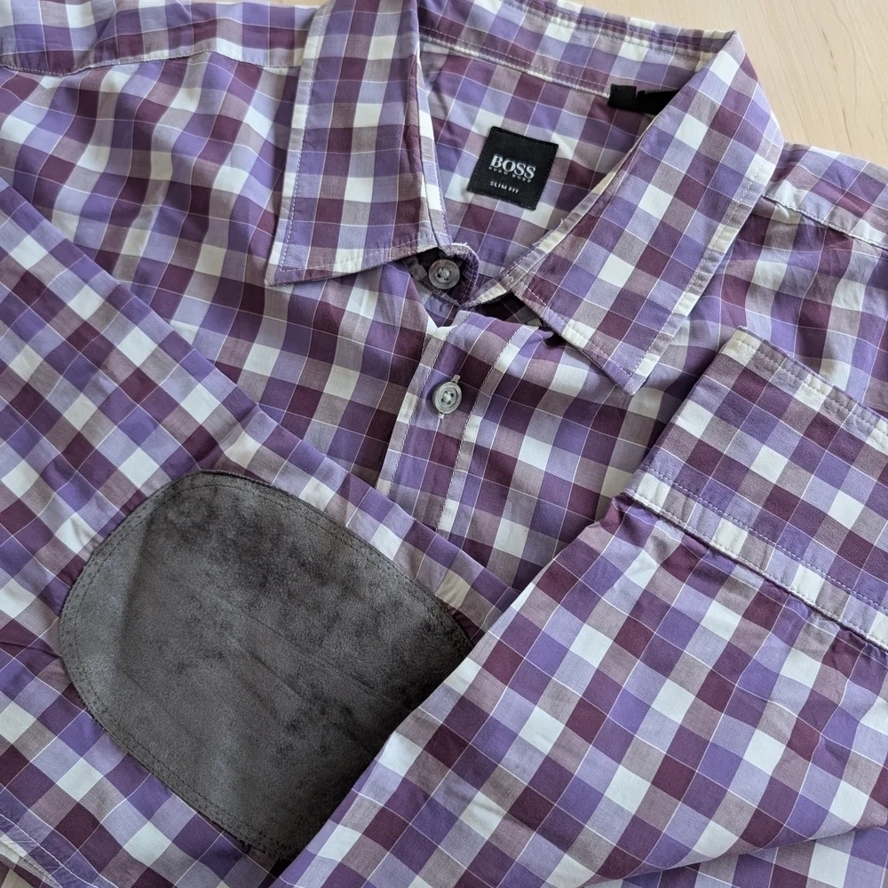 🇩🇪HUGO BOSS Purple Plaid Casual Button Down Shirt with patched elbows